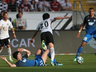 Der Frankfurter Makoto Hasebe (M) und Hoffenheims Florian Grillitsch (unten) kämpfen um den Ball. Foto: Thomas Frey Der Frankfurter Makoto Hasebe (M) und Hoffenheims Florian Grillitsch (unten) kämpfen um den Ball. Foto: Thomas Frey