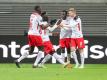 Leipzigs Spieler Ibrahima Konaté (l-r), Jean-Kevin Augustin, Bruma und Timo Werner jubeln nach einem Treffer von Werner. Foto: Jan Woitas