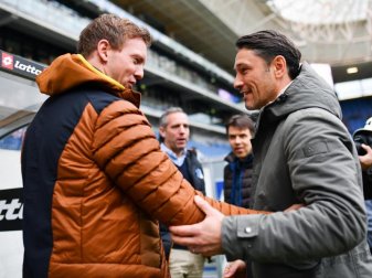 Hoffenheims Trainer Julian Nagelsmann (l) und Coach Niko Kovac von Eintracht Frankfurt beim Gedankenaustausch. Foto: Uwe Anspach Hoffenheims Trainer Julian Nagelsmann (l) und Coach Niko Kovac von Eintracht Frankfurt beim Gedankenaustausch. Foto: Uwe Anspach