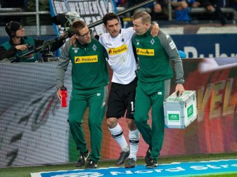 Gladbachs Lars Stindl (m) wird von zwei Betreuern gestützt vom Platz gebracht. Foto: Guido Kirchner Gladbachs Lars Stindl (m) wird von zwei Betreuern gestützt vom Platz gebracht. Foto: Guido Kirchner