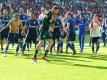 Schalkes Spieler feiern nach dem Sieg in Augsburg ausgelassen die Vize-Meisterschaft. Foto: Stefan Puchner
