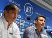 Trainer Alois Schwartz (r) und Sportdirektor Oliver Kreuzer wollen den KSC in die 2. Bundesliga führen. Foto: Uli Deck