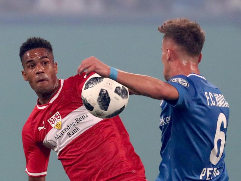 Der Rostocker Mirnes Pepic (r) und VfB-Profi Daniel Didavi im Zweikampf. Foto: Bernd Wüstneck