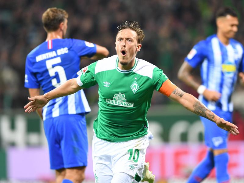 Werder-Kapitän Max Kruse jubelt nach seinem verwandelten Elfmeter zum 3:1. Foto: Carmen Jaspersen