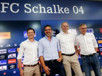 Sascha Riether, David Wagner, Jochen Schneider und Michael Reschke (l-r) bei der Schalke-PK. Foto: Roland Weihrauch Sascha Riether, David Wagner, Jochen Schneider und Michael Reschke (l-r) bei der Schalke-PK. Foto: Roland Weihrauch