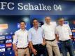 Sascha Riether, David Wagner, Jochen Schneider und Michael Reschke (l-r) bei der Schalke-PK. Foto: Roland Weihrauch