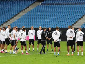 Bundestrainer Joachim Löw (M) spricht beim Abschlusstraining zur Mannschaft. Foto: Christian Charisius