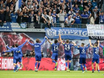 Die Schalker Spieler lassen sich nach dem Sieg in Leipzig von den Fans feiern. Foto: Jan Woitas Die Schalker Spieler lassen sich nach dem Sieg in Leipzig von den Fans feiern. Foto: Jan Woitas