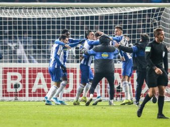 Die Hertha-Profis feiern ihren Sieg im Elfmeterschießen. Foto: Andreas Gora/dpa Die Hertha-Profis feiern ihren Sieg im Elfmeterschießen. Foto: Andreas Gora/dpa
