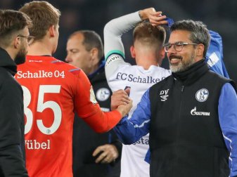 Würde sich über einen Verbleib des Torwarts freuen: Schalke-Trainer David Wagner (r) beim Handschlag mit Keeper Alexander Nübel (2.v.l). Foto: Friso Gentsch/dpa Würde sich über einen Verbleib des Torwarts freuen: Schalke-Trainer David Wagner (r) beim Handschlag mit Keeper Alexander Nübel (2.v.l). Foto: Friso Gentsch/dpa