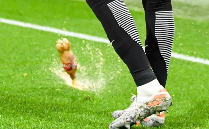 Eine fast voll Getraänkeflasche landet neben dem Leipziger Christopher Nkunku im Groupama Stadion auf dem Spielfeld. Foto: Robert Michael/dpa-Zentralbild/dpa