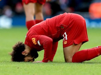 Liverpools Mohamed Salah feiert das Eröffnungstor. Foto: Peter Byrne/PA Wire/dpa Liverpools Mohamed Salah feiert das Eröffnungstor. Foto: Peter Byrne/PA Wire/dpa