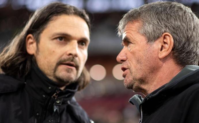 Nicht mehr vereint bei Fortuna Düsseldorf: Sportvorstand Lutz Pfannenstiel (l) und Ex-Coach Friedhelm Funkel. Foto: Marius Becker/dpa