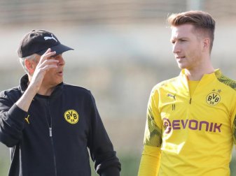 BVB-Coach Lucien Favre lässt derzeit in Zweiergruppen trainieren - Kapitän Marco Reus macht dies weiterhin dosiert. Foto: Friso Gentsch/dpa