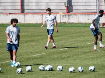 In kleinen Gruppen konnten die Spieler von Bayern München wieder trainieren. Robert Lewandowski (M) war auch dabei. Foto: Matthias Balk/dpa In kleinen Gruppen konnten die Spieler von Bayern München wieder trainieren. Robert Lewandowski (M) war auch dabei. Foto: Matthias Balk/dpa