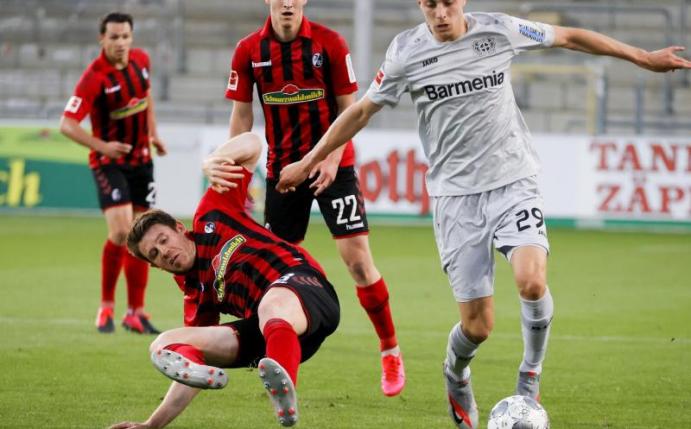 Kai Havertz (r) setzt sich gegen den Freiburger Dominique Heintz durch. Foto: Ronald Wittek/epa/Pool/dpa