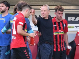 Die Freiburger unter Trainer Christian Streich (M.) beendeten die Saison mit 48 Punkten. Foto: Uli Deck/dpa