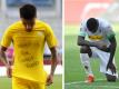 Dortmunds Jadon Sancho (l) trägt ein Trikot mit der Aufschrift «Justice for George Floyd», Der Gladbacher Marcus Thuram kniet auf dem Rasen. Foto: Lars Baron/Getty Images Europe/Pool/dpa;Martin Meissner/AP Pool