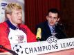 Der damalige Bayern-Kapitän Stefan Effenberg (l) und Spieler Willy Sagnol vor der Begegnung mit Olympique Lyon. Foto: Gerard_Malie/AFP/epa/dpa