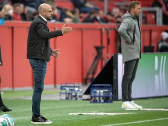 Leverkusens Trainer Peter Bosz (l) und sein Leipziger Kollege Trainer Julian Nagelsmann beobachten das Spiel. Foto: Federico Gambarini/dpa Leverkusens Trainer Peter Bosz (l) und sein Leipziger Kollege Trainer Julian Nagelsmann beobachten das Spiel. Foto: Federico Gambarini/dpa