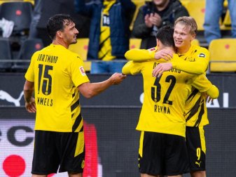Mats Hummels (l) feiert mit dem Giovanni Reyna (32) umarmenden Erling Haaland einen Treffer im Spiel gegen den SC Freiburg. Foto: Guido Kirchner/dpa Mats Hummels (l) feiert mit dem Giovanni Reyna (32) umarmenden Erling Haaland einen Treffer im Spiel gegen den SC Freiburg. Foto: Guido Kirchner/dpa