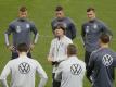 Bundestrainer Joachim Löw (M) spricht zu der deutschen Nationalmannschaft während des Abschlusstrainings. Foto: Efrem Lukatsky/AP/dpa