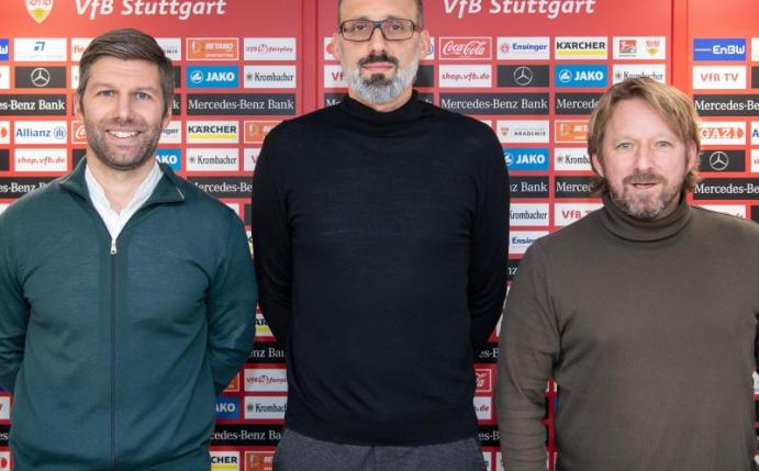 VfB-Vorstand Thomas Hitzlsperger (l-r), Trainer Pellegrino Matarazzo und Sportdirektor Sven Mislintat. Foto: Sebastian Gollnow/dpa