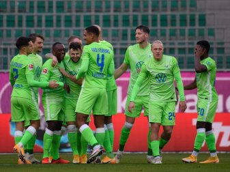 Wolfsburgs Spieler jubeln nach dem 1:0 durch Mittelfeldspieler Renato Steffen (4.v.l.). Foto: Swen Pförtner/dpa Wolfsburgs Spieler jubeln nach dem 1:0 durch Mittelfeldspieler Renato Steffen (4.v.l.). Foto: Swen Pförtner/dpa