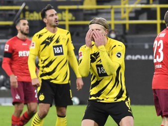 Dortmunds Erling Haaland (M) reagiert nach einer vergebenen Chance. Der BVB leistete sich gegen Köln den nächsten Ausrutscher. Foto: Martin Meissner/Pool AP/dpa Dortmunds Erling Haaland (M) reagiert nach einer vergebenen Chance. Der BVB leistete sich gegen Köln den nächsten Ausrutscher. Foto: Martin Meissner/Pool AP/dpa