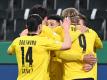 Die Spieler von Borussia Dortmund feiern das Tor von Jadon Sancho (M) gegen Gladbach. Foto: Federico Gambarini/dpa-Pool/dpa