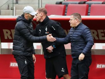 Max Eberl (r.) spricht Marco Rose eine Jobgarantie aus Max Eberl (r.) spricht Marco Rose eine Jobgarantie aus