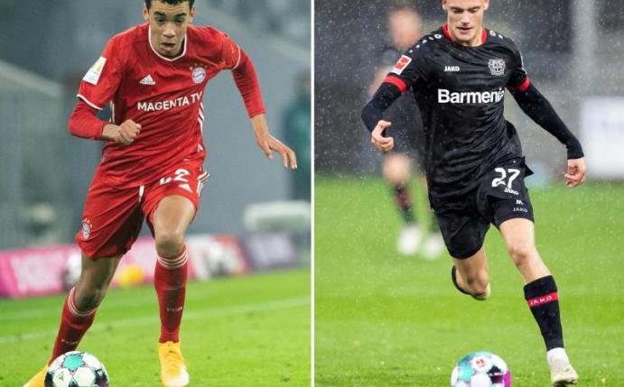 Sind erstmals beim A-Team von Bundestrainer Joachim Löw dabei: Bayern- Profi Jamal Musiala (l) und Leverkusens Florian Wirtz. Foto: Matthias Balk/Tom Weller/dpa