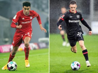 Sind erstmals beim A-Team von Bundestrainer Joachim Löw dabei: Bayern- Profi Jamal Musiala (l) und Leverkusens Florian Wirtz. Foto: Matthias Balk/Tom Weller/dpa Sind erstmals beim A-Team von Bundestrainer Joachim Löw dabei: Bayern- Profi Jamal Musiala (l) und Leverkusens Florian Wirtz. Foto: Matthias Balk/Tom Weller/dpa