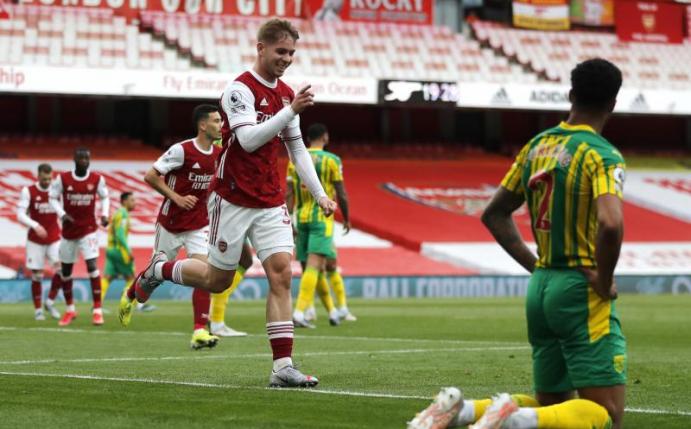 Arsenals Emile Smith Rowe erzielte das Führungstor für seine Mannschaft gegen West Bromwich Albion. Foto: Frank Augstein/PA Wire/dpa