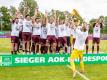 DDR-Rekordmeister BFC Dynamo bejubelt den Sieg im Berliner Landespokal. Foto: Andreas Gora/dpa