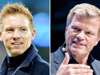 Seit 1. Juli offiziell beim FC Bayern im neuen Amt: Trainer Julian Nagelsmann (l) und Vorstandsvorsitzender Oliver Kahn. Foto: Uwe Anspach/dpa