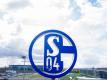 Im Vordergrund dreht sich das Logo des FC Schalke auf der Geschäftsstelle; im Hintergrund steht die Veltins Arena. Foto: Guido Kirchner/dpa