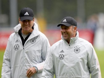 DFB-Direktor Oliver Bierhoff (l) und Bundestrainer Hansi Flick. Foto: Tom Weller/dpa