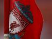Das Wappen vom FC Liverpool mit der Aufschrift «You'll Never Walk Alone» ist auf einer Fahne zu sehen. Foto: Cath Ivill/Pool Reuters/AP/dpa