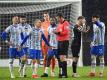 Die Hertha-Spieler diskusstieren nach dem Schlusspfiff mit Schiedsrichter Frank Willenborg. Foto: Soeren Stache/dpa-Zentralbild/dpa