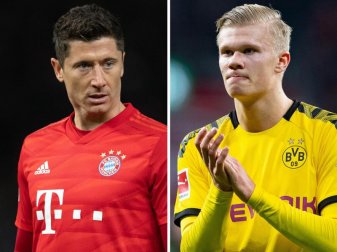 Im Spitzenspiel kommt es auch zum Duell der Torjäger Robert Lewandowski (l) und Erling Haaland. Foto: Soeren Stache/Guido Kirchner/dpa Im Spitzenspiel kommt es auch zum Duell der Torjäger Robert Lewandowski (l) und Erling Haaland. Foto: Soeren Stache/Guido Kirchner/dpa