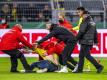 Ordner bringen einen Fan, der auf das Spielfeld gelaufen ist, vom Feld. Foto: David Inderlied/dpa