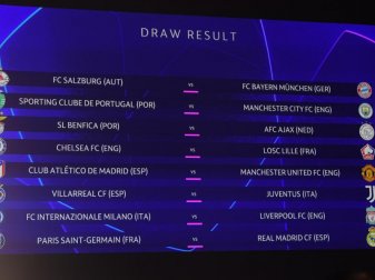 Bei der Wiederholung der Auslosung wurde für Real Madrid als Gegner Partis Saint-Germain gezogen. Foto: Richard Juilliart/UEFA via Getty Images/dpa Bei der Wiederholung der Auslosung wurde für Real Madrid als Gegner Partis Saint-Germain gezogen. Foto: Richard Juilliart/UEFA via Getty Images/dpa