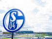 Im Vordergrund dreht sich das Logo des FC Schalke auf der Geschäftsstelle, im Hintergrund steht die Veltins Arena. Foto: Guido Kirchner/dpa