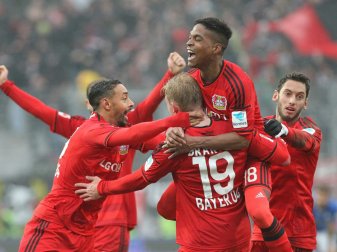 Leverkusen bejubelt den Siegtreffer von Brandt(SID-IMAGES) Leverkusen bejubelt den Siegtreffer von Brandt(SID-IMAGES)