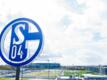 Im Vordergrund dreht sich das Logo des FC Schalke auf der Geschäftsstelle, im Hintergrund steht die Veltins Arena.