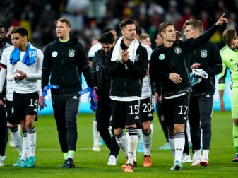 Die deutschen Nationalspieler feiern den Sieg mit den Zuschauern. Die deutschen Nationalspieler feiern den Sieg mit den Zuschauern.