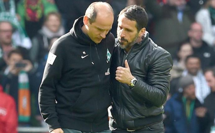 Werders Manager Thomas Eichin stärkte Trainer Viktor Skripnik (l) den Rücken. Foto: Carmen Jaspersen
