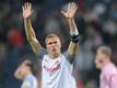 Salzburg players including Salzburg's Danish defender Rasmus Kristensen celebrate with their fans after the UEFA Champions League Group G football match between RB Salzburg and VfL Wolfsburg in Salzbu