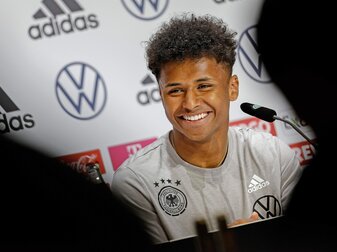 Hat gute Chancen auf die dauerhafte Berufung in die Nationalmannschaft: BVB-Neuzugang Karim Adeyemi bei der DFB-Pressekonferenz. Hat gute Chancen auf die dauerhafte Berufung in die Nationalmannschaft: BVB-Neuzugang Karim Adeyemi bei der DFB-Pressekonferenz.